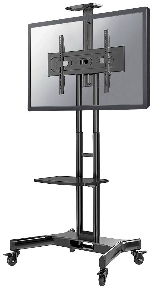 En stor, mobil TV-stand med justerbar beslag og hylde under skærmen, egnet til præsentationer.