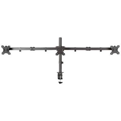 Metalmonitorbeslag med flere monteringsmuligheder. Velegnet til fleksibel opsætning af tre skærme på et skrivebord.