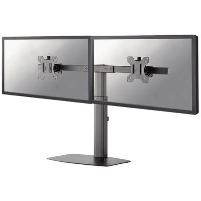 En dobbelt skærmstander i metal til to skærme, monteret på en robust fod. Ideel til ergonomisk indretning af arbejdspladsen.