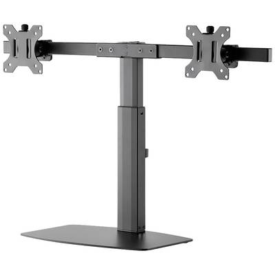 Dobbelt metalmonitorbeslag i sort, med to arme til montering af skærme, egnet til skriveborde.