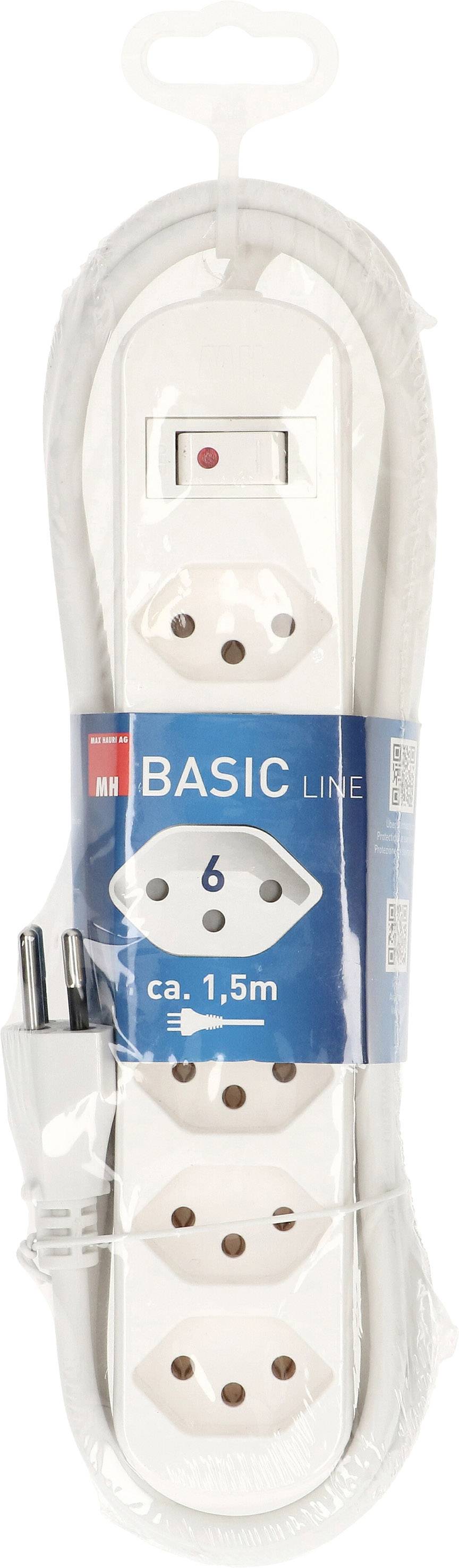 En hvid multistikdåse med seks udtag og et ca. 1,5 meter langt kabel, som er en del af 'Basic Line' serien.