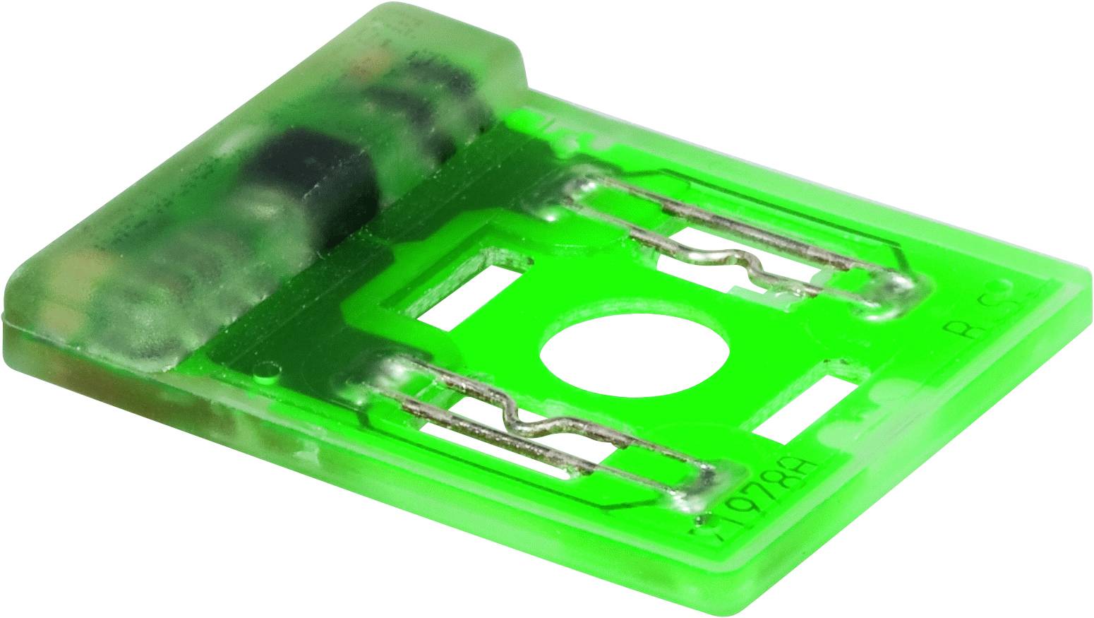 Grøn elektrisk sikringsholder med to tilslutninger og transparent hus på hvid baggrund.
