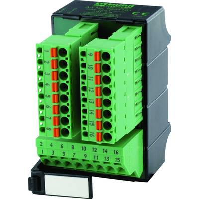 Sort elektrisk modul med grønne klemmer og nummerering fra 1-16, egnet til elektrisk forbindelses- eller styringssystemer.