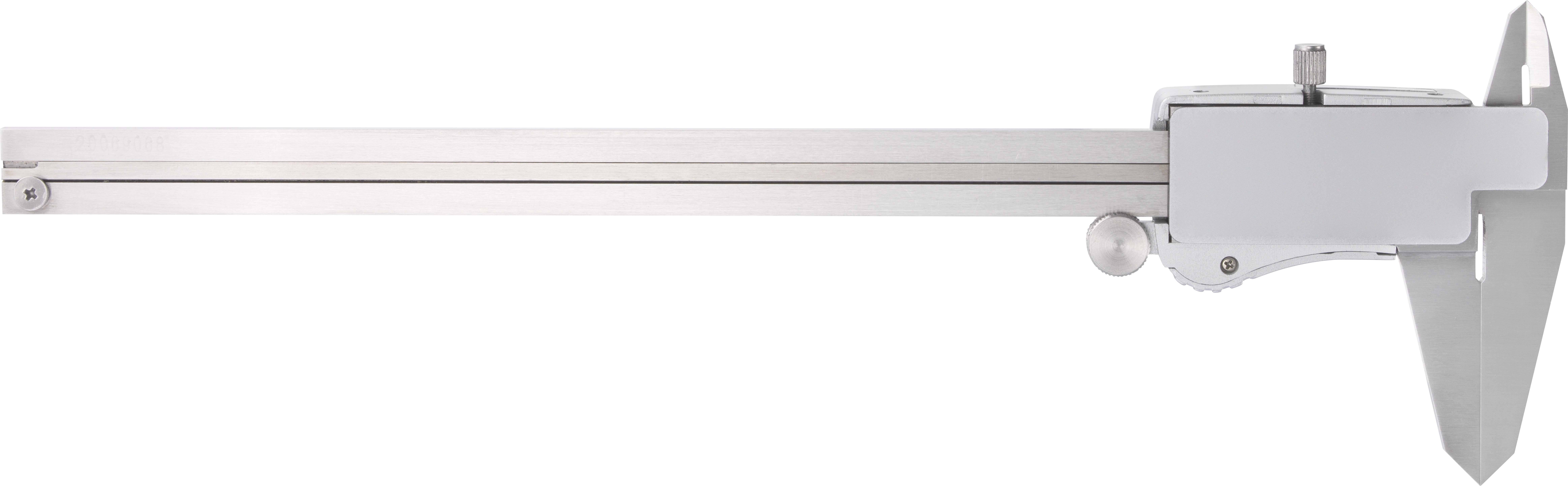 En digital skydelære i metal til præcis måling af objekter, med en skydemekanisme og en skalaindicator.