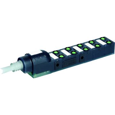 En aflang, mørkeblå stikforbindelse med flere grønne LED'er, egnet til elektronisk forbindelse og signalstyring.