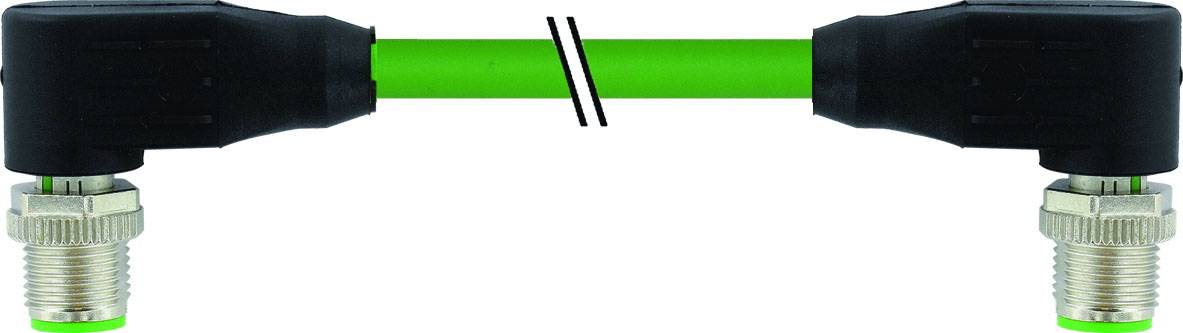 Grøn, afbrudt kabel med sorte stik i begge ender, forbundet ved hjælp af metalliske skruforbindelser.