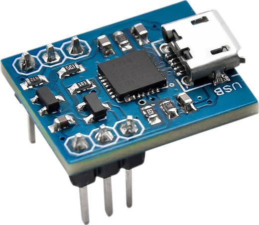 Et lille, blåt mikrocontroller-board med USB-tilslutning, flere chips og tilslutninger; typisk eksempel på elektroniske komponenter.