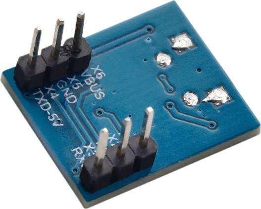 Et blåt printplademodul med flere ben og loddeområder, sandsynligvis til elektronisk forbindelse og kommunikation mellem enheder.