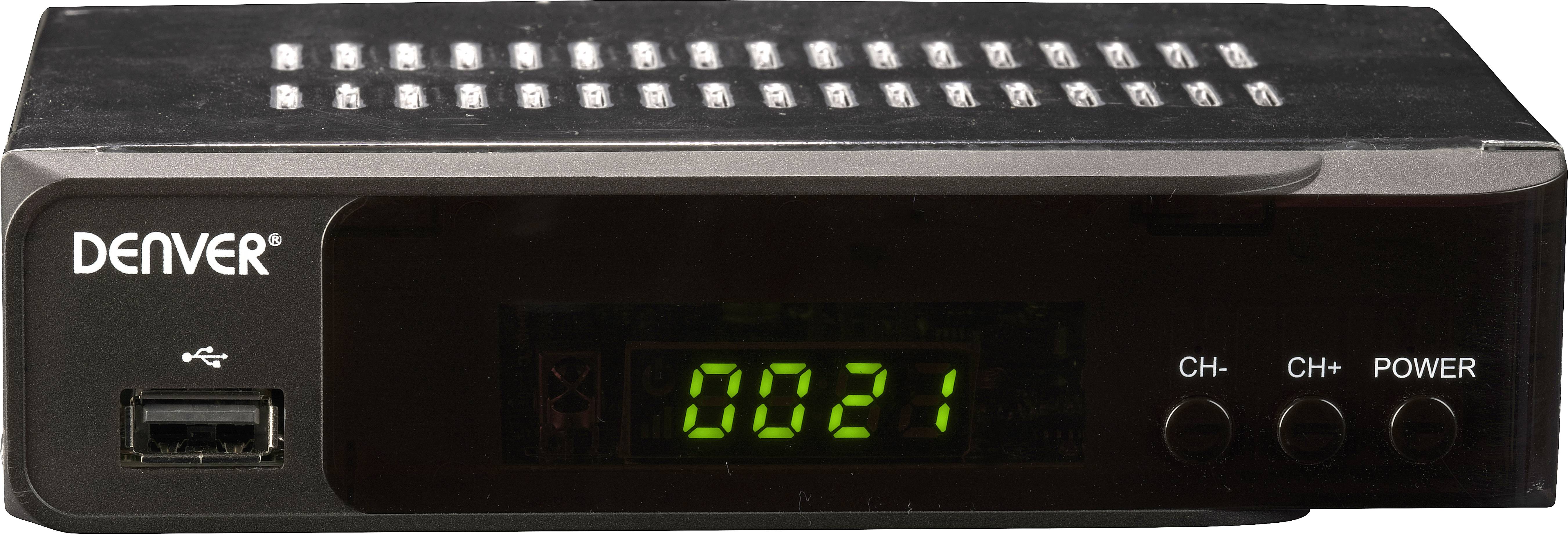 Sort TV-modtager med USB-port. På den digitale skærm vises '0021'. Til højre er der knapper til kanalvalg og tænd/sluk.