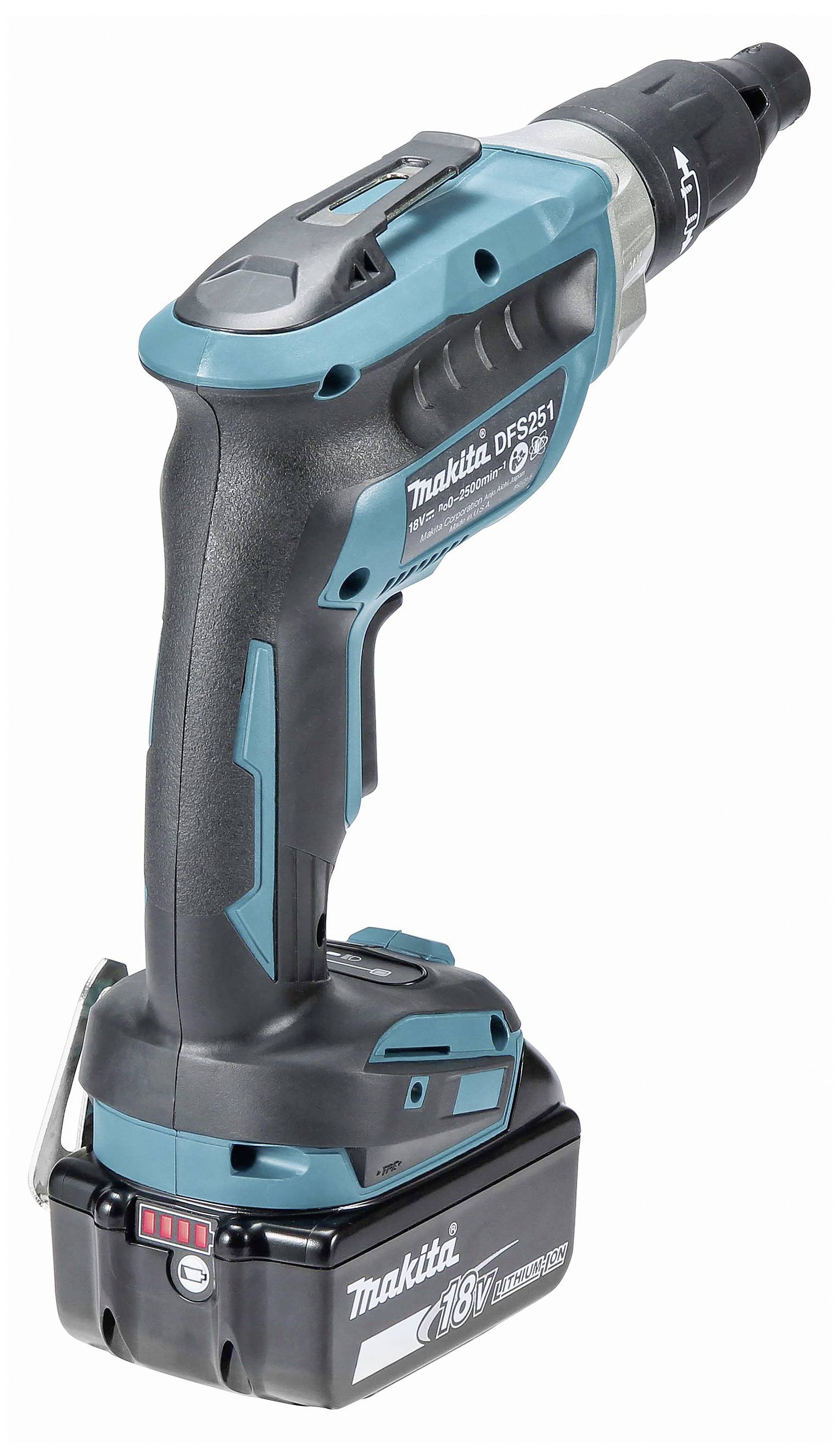 En trådløs skruetrækker i blå og sort med et 18V lithium-ion batteri, velegnet til håndværksopgaver.