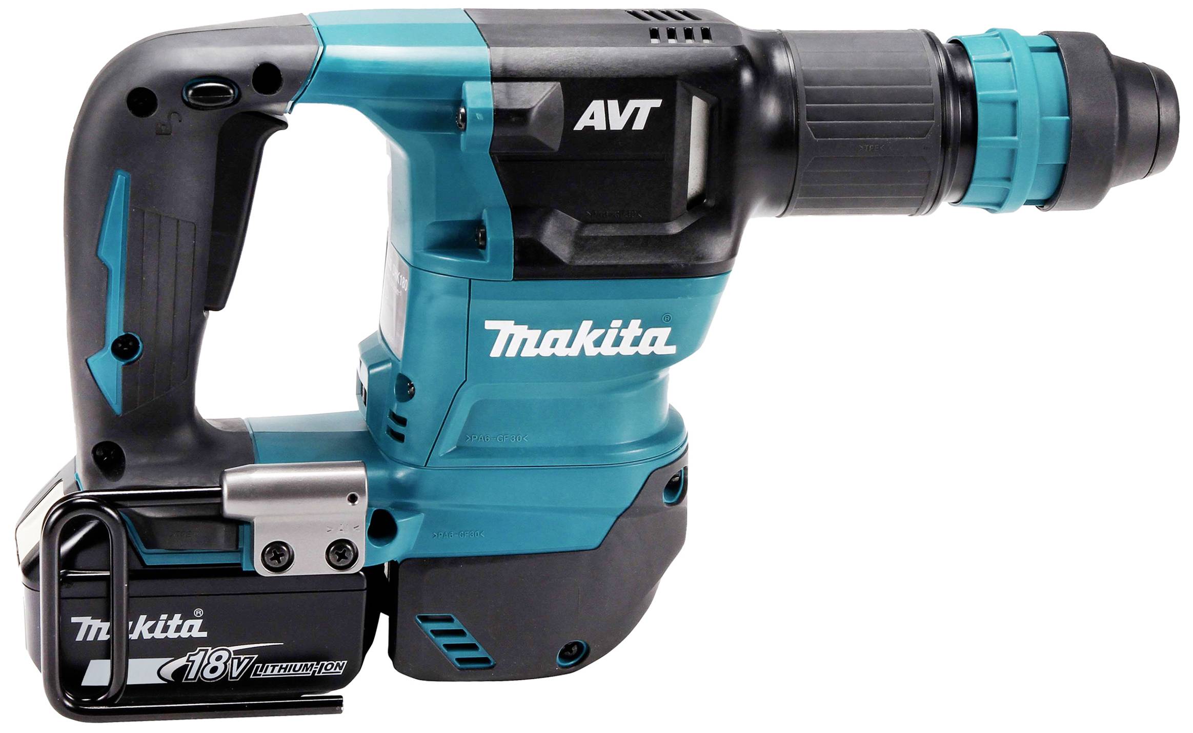 En blå, trådløs borehammer med sort greb og 18V lithiumbatteri. Brand- og modelnavnet er synligt på siden.
