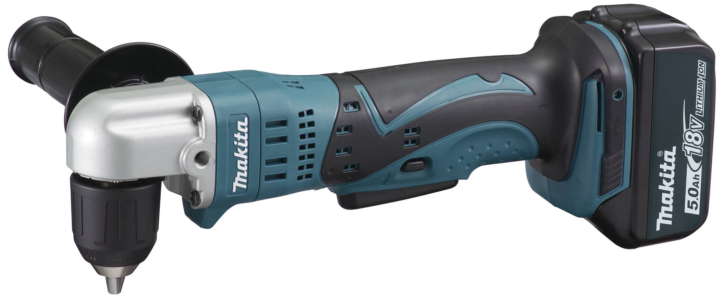 En blå og sort akku-skruemaskine med 18V lithium-ion batteri, ergonomisk greb og sidegreb for bedre håndtering.