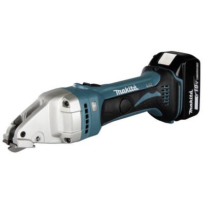 Bærbar akku-metalsaks fra Makita, model 18V LXT, i turkis og sort, til præcis klipning af metalplader.