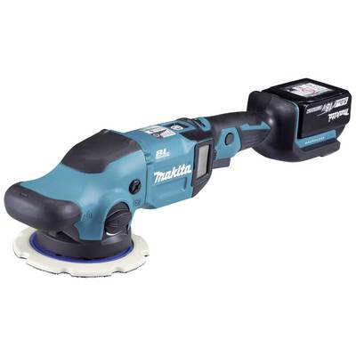 Makita akku-polermaskine med blåt kabinet på hvid baggrund.