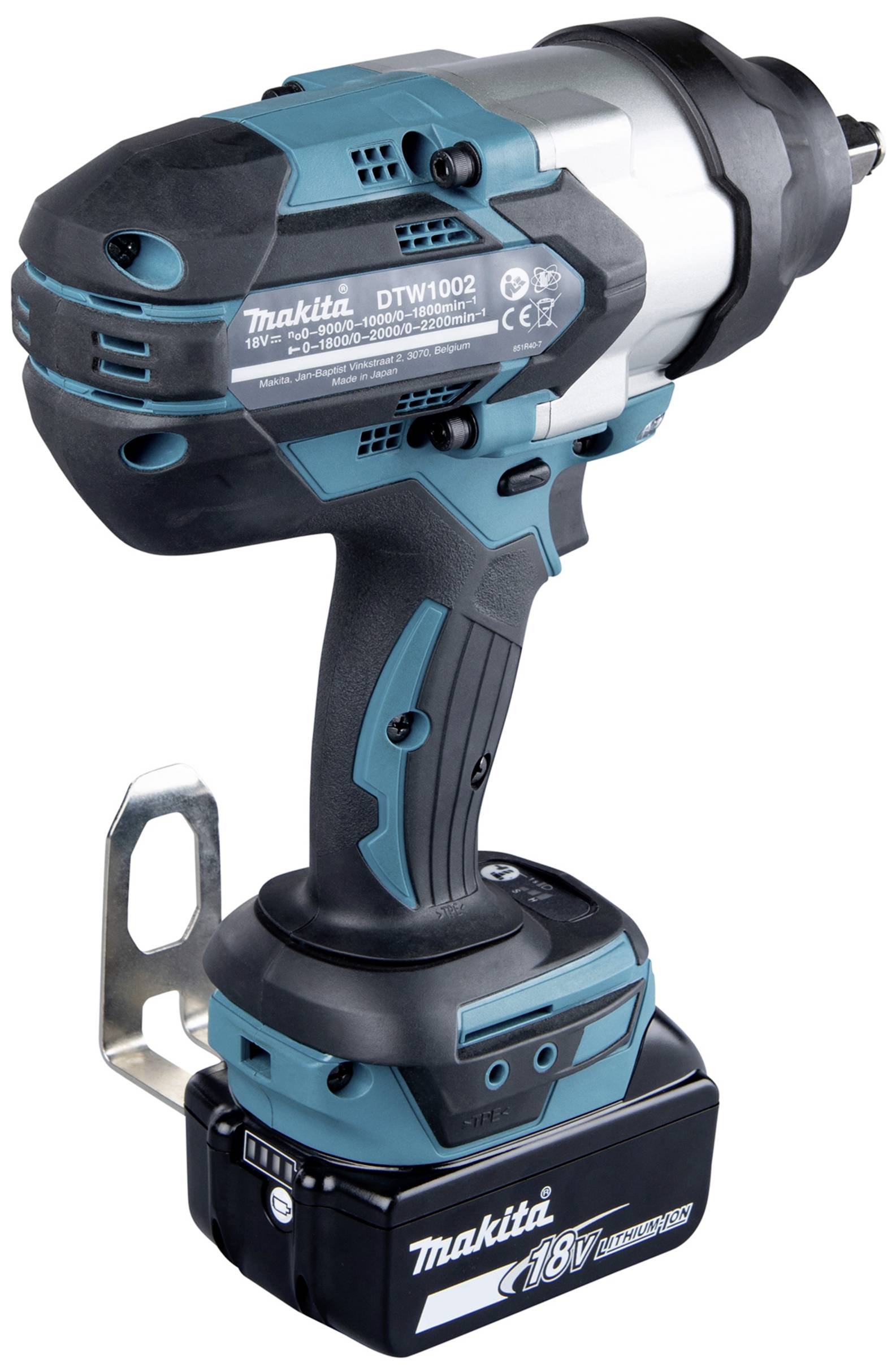 Trådløs Makita slagskruemaskine med 18V batteri, primært sort og turkis, velegnet til tunge gør-det-selv-projekter.