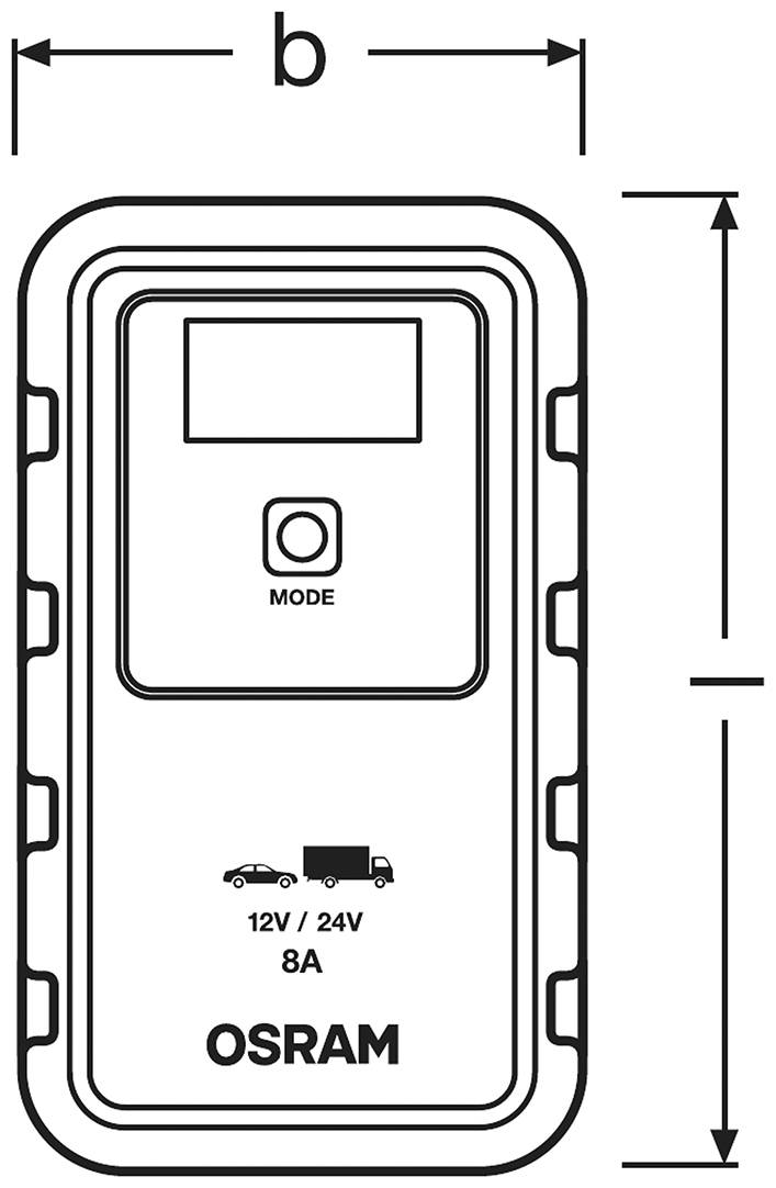 Illustration af et OSRAM-produkt: En rektangulær elektronisk enhed med 'MODE'-knap. Egnet til 12V/24V, 8A, viser symboler for bil og lastbil.