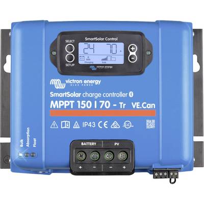 Blauer SmartSolar-solcelleregulator fra Victron Energy med displayvisninger '24' og '70'. Viser opladningsstatus og modeloplysninger.