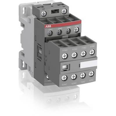 Et gråt, elektrisk kontaktrelæ med flere klemmer og skruer fra mærket ABB, placeret på en reflekterende overflade.