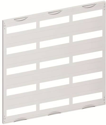 Et hvidt gitter med flere vandrette sprækker og afrundede hjørner, muligvis et ventilationselement eller en afdækning.