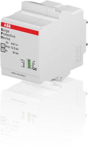 Overspændingsbeskyttelsesudstyr med rødt ABB-logo, designet til 440 V og strømstyrker op til 30 kA.