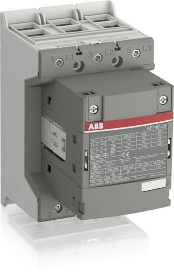 ABB AF146-30 kontaktor i grå kabinet, viser tekniske specifikationer på forsiden, egnet til effektafbrydelsesudstyr.