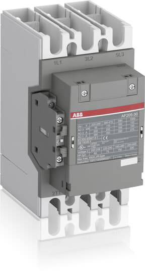 'Schütz AF205-30 fra ABB' med grå kabinet og tre kontaktstik, bruges til styring af højeffekt strømkredse.