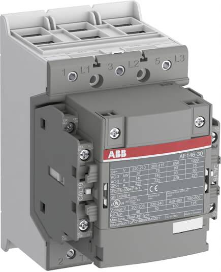 'ABB Schütz AF146-30' i grå farve, med tilslutninger øverst og nederst, tekniske detaljer på forsiden, til elektriske kredsløb.
