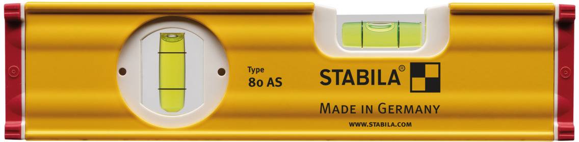 En gul-orange waterpas fra mærket Stabila med påskriften 'Type 80 AS, Made in Germany'.