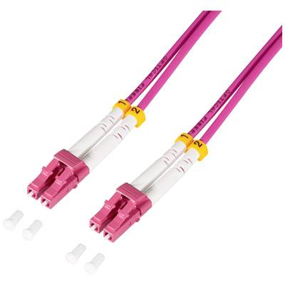 To slanke lyserøde fiberoptiske kabler med LC-stik og beskyttelseshætter, velegnet til glasforbindelser i netværk.