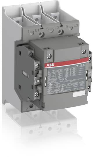 Grå-hvid ABB-kontaktor, model AFT16-30, med tre tilslutninger øverst, etiket med tekniske data forrest. Bruges til styring af elektriske kredsløb.