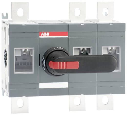 En grå, trepolet lastadskiller med rødt håndtag i 'OFF'-position; egnet til isolering af elektriske kredsløb.