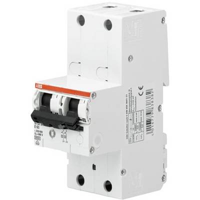 En hvid, topolet sikringsautomat fra ABB med sorte kontakter og tekniske specifikationer på siden.