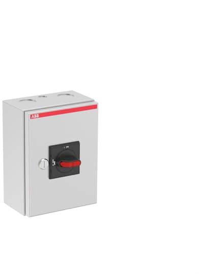 'Grå-rød elektroskab med rød drejeknap og ABB-logo, vist fra siden.'