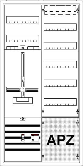 Tavlediagram med etiket 'APZ' i den nedre del og flere vandrette elementer til fordeling af elektriske ledninger.