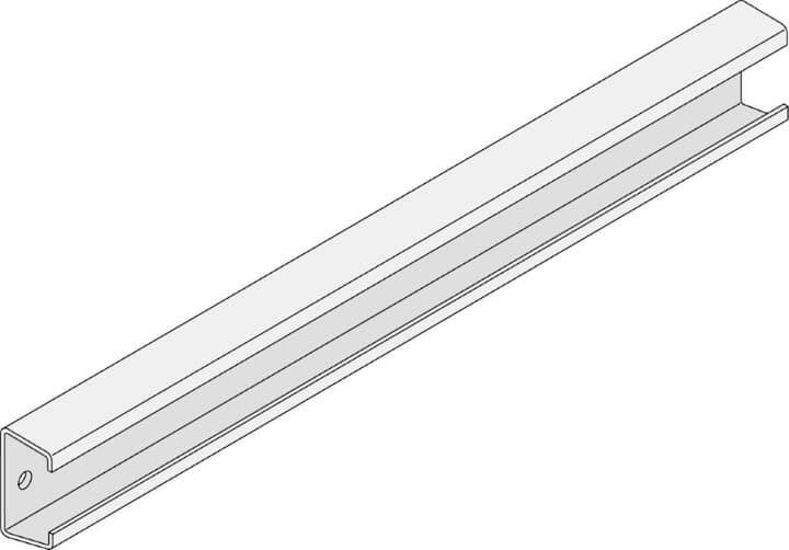 Isometrisk tegning af et langt U-formet metalskinneelement med et hul i den ene ende, bruges som strukturbærende element.