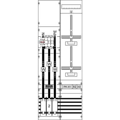 Elektrisk kredsløbsdiagram: Viser et kredsløb med flere lednings- og sikringselementer, en drejeafbryder og et måleapparat øverst.