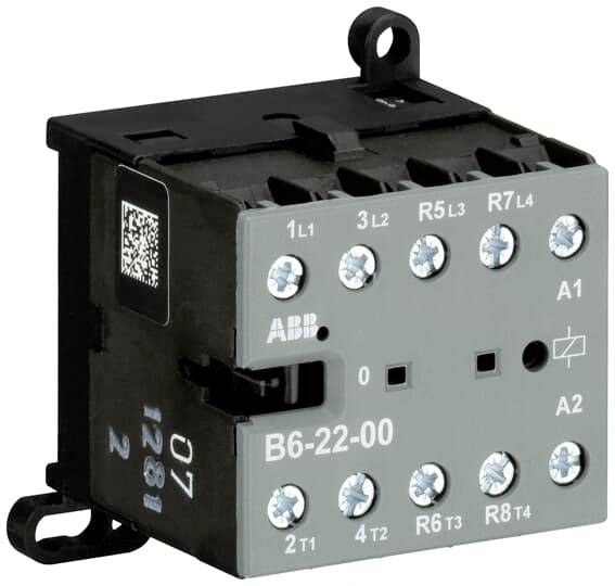 Kontaktor ABB B6-22-00 i sort og grå, viser tilslutninger og mærkninger. Egnet til styring af elektriske kredsløb.