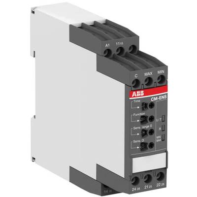 Elektronisk overvågningsrelæ 'ABB CM-ENS'. Kabinet i grå, tilslutningsklemmer øverst. Kontrollamper og indstillingsknapper på forsiden.