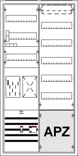 Eldistributionsskab-layout med forskellige sektioner, kontakter og teksten 'APZ' nederst til højre.