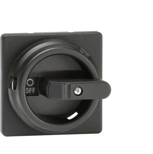 En sort drejeknap med påskriften 'O' og 'OFF' i positionen 'OFF'. Firkantet design på en enhedsoverflade.
