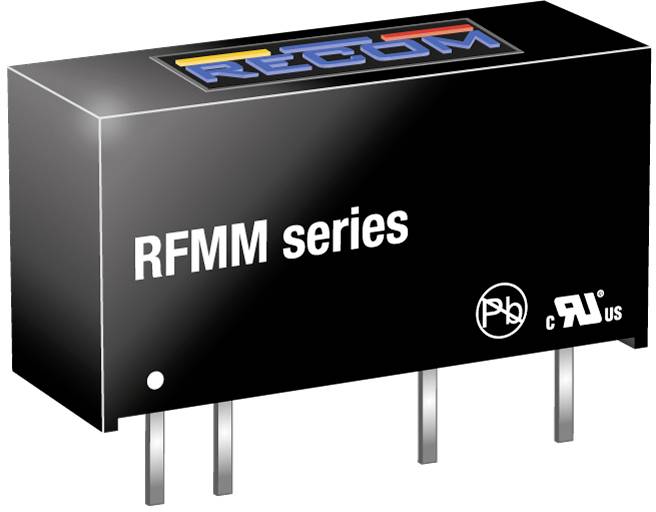 Komponentbillede af et RFMM-serie-modul med fire tilslutningsstik og certificeringslogoer.