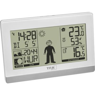 Digital vejrstation-display viser tiden 14:28, dato tirsdag den 5. september, inden- og udetemperaturer samt luftfugtighed.
