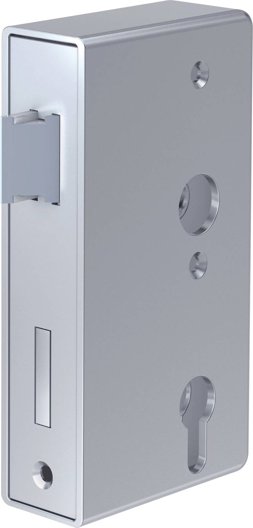 En sølvfarvet metalslotskasse med en fremspringende lukke, som indeholder flere cirkulære og nøglehulsformede åbninger til installation.