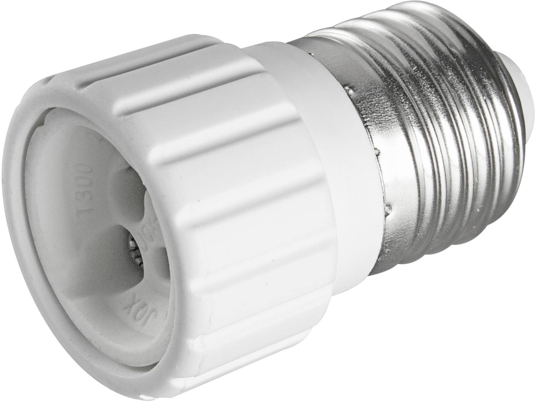 Adapter fra E27 til E14-fatning, metalfarvet og hvid, muliggør brug af mindre pærer i større lampefattninger.