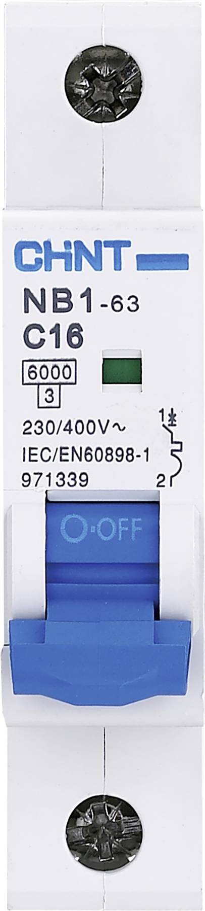 Effektafbryder 'CHiNT NB1-63 C16', nominel strøm 16A, spænding 230/400V. Afbryder i position 'FRA'.