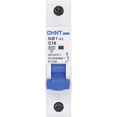 Sikringssikringsafbryder fra CHINT, model NB1-63 C16, til 230/400V strømspænding, med blå udløserknap og specifikationer.