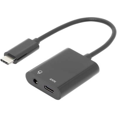 Et adapterkabel med USB-C-stik og to kontakter: et 3,5 mm hovedtelefonstik og et USB-C-stik.