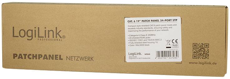 Kartonemballage til et LogiLink Patchpanel, type CAT.6 19 tommer 24-port STP, med beskrivelser af tekniske specifikationer.