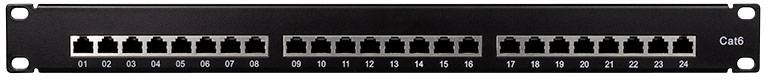 Et sort patchpanel med 24 nummererede Ethernet-porte fra 1 til 24. Hver tilslutning har en firkantet åbning.