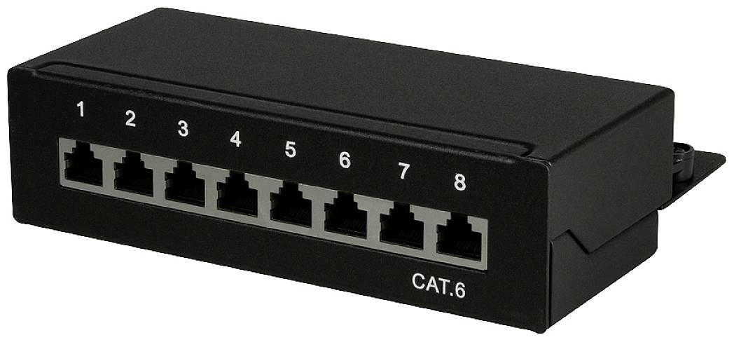 Sort CAT.6-netværksswitch med otte nummererede Ethernet-porte. Egnet til at forbinde flere enheder i et netværk.